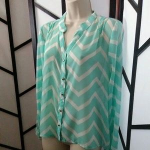 Exhilaration Turquoise White Sheer Button Blouse